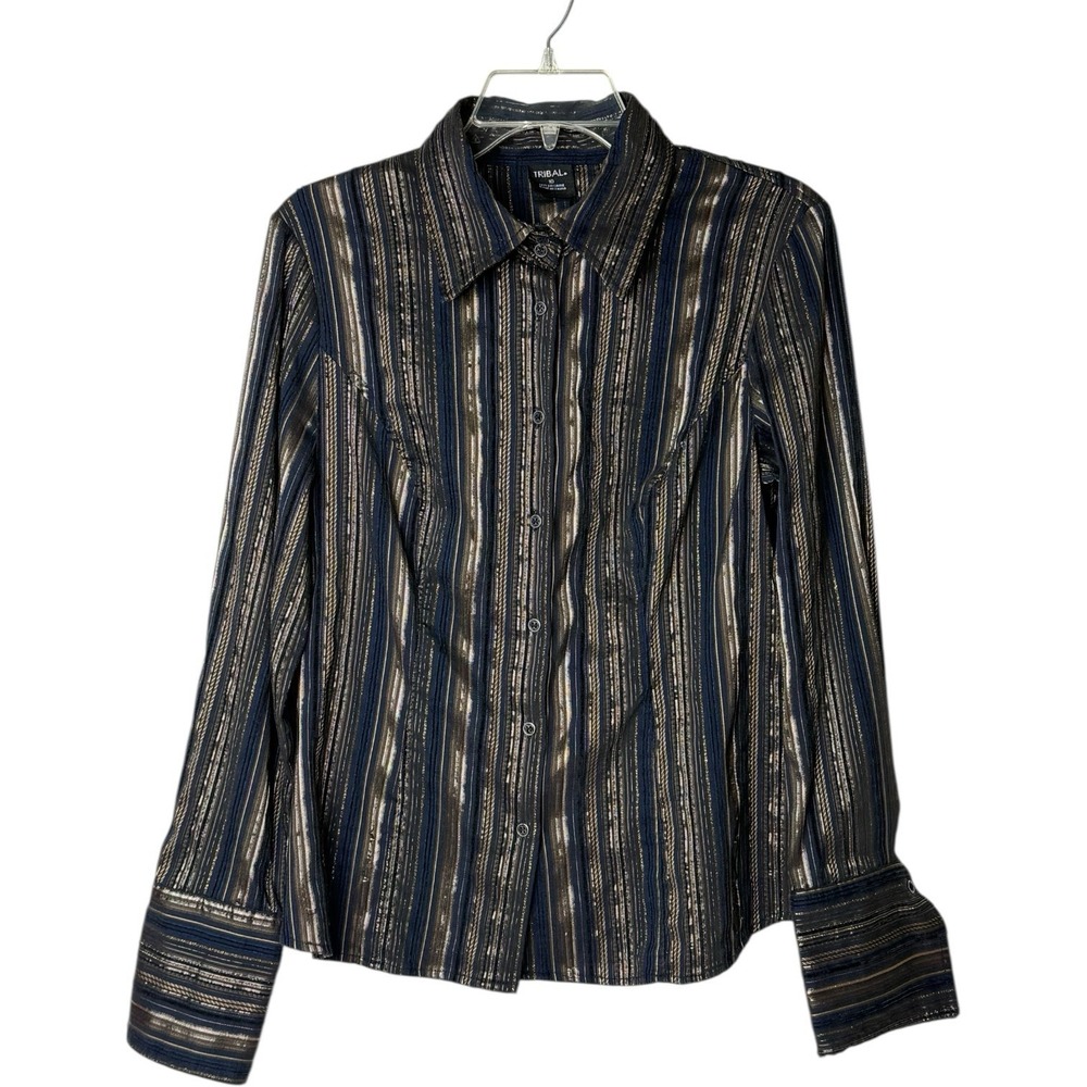 Tribal Striped Long Sleeve Collared Blouse Multicolor Metallic Womens 10